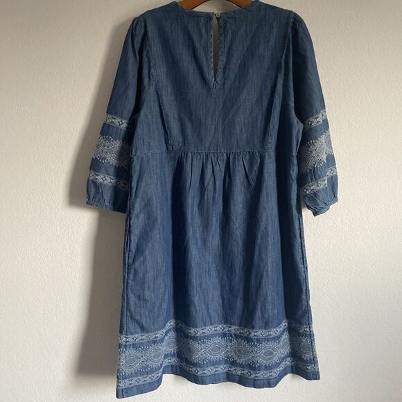J. Jill Denim Embroidered Dress V-Neck 100% Cotton Blue Jeans Peasant Dress Sz S - Picture 2 of 14